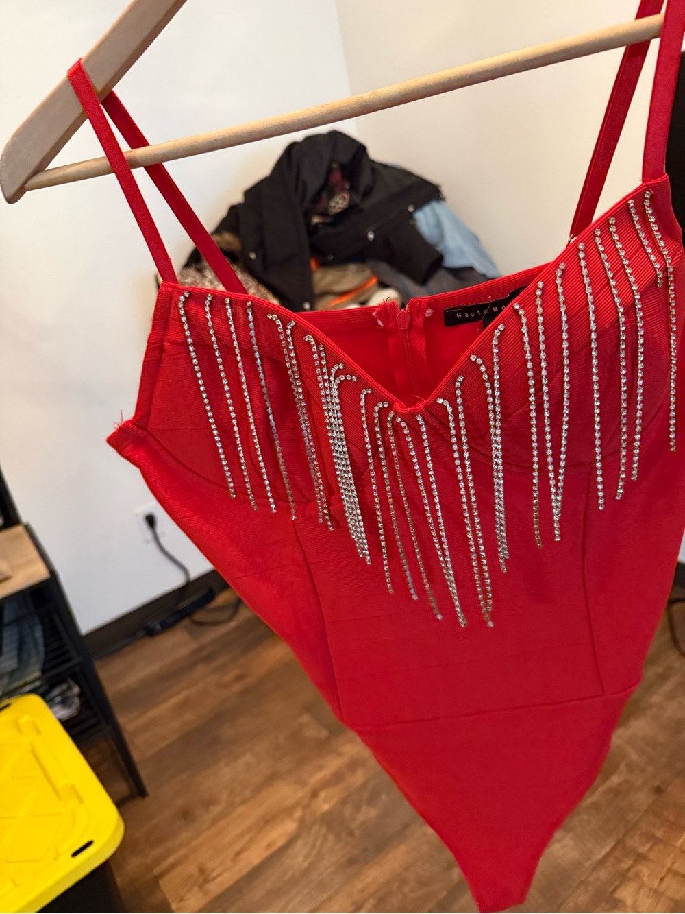 Haute Monde Red Rhinestone Fringe Bodysuit with Straps